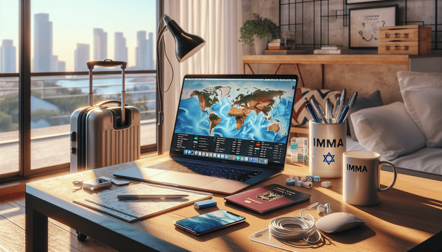 Photorealistic iPhone 16 Pro shot of a modern Tel Aviv home office at golden hour, captured in 48MP ProRAW, natural window light, true-to-life colors, subtle HDR, shallow depth of field. In the foreground: a clean wooden desk with an open laptop displaying a world time-zone map, a bilingual weekly planner with handwritten notes in Hebrew and English, a small Israeli flag in a pen holder, a ceramic mug that says “אמא” (Imma) next to wireless earbuds, an Israeli passport atop a generic boarding pass, international power adapters, and a neatly coiled USB-C cable. To the side: a half-packed carry-on suitcase with packing cubes, and a few colorful wooden toy blocks on a rug hinting at family life. Background through the large window: the Tel Aviv skyline with the Mediterranean Sea and recognizable modern towers, softly defocused. Indoor details: a wall calendar showing both Gregorian and Hebrew dates, a leafy houseplant, and tidy shelves. Composition is realistic and candid, 24mm equivalent, f/1.8, ISO 125, 1/200s, minimal processing, natural reflections and textures, no people or body parts, everyday professional-family balance atmosphere.