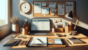 Realistic iPhone 16 Pro style photo of a sunlit home office desk symbolizing “Career management at age 50 and above — opportunities and challenges.” Scene: a tidy wooden desk by a bright window with natural morning light. On the desk: an open planner with neatly written headings “Upskilling,” “Mentorship,” “Consulting Projects,” “Work–Life Balance”; a pair of reading glasses; a ceramic coffee mug; a slim laptop showing a clean resume layout and a simple skills graph; a small stack of printed resumes with paperclips; a pen and a USB drive; a smartphone displaying a calendar with upcoming interviews. On the wall corkboard: a generic “Professional Certification” printout and sticky notes labeled “Networking,” “Finance Plan,” “Interview 10:00,” plus a simple analog clock. No people, no body parts, no logos. Warm neutral palette, soft shadows, realistic reflections, slight desk wear, subtle bokeh. Shot as if on iPhone 16 Pro: 24mm main lens, f/1.8, ISO 100, 1/125s, 48MP ProRAW, Smart HDR, true-to-life color, high dynamic range, natural depth of field, 4:3 aspect ratio, eye-level three-quarter angle.