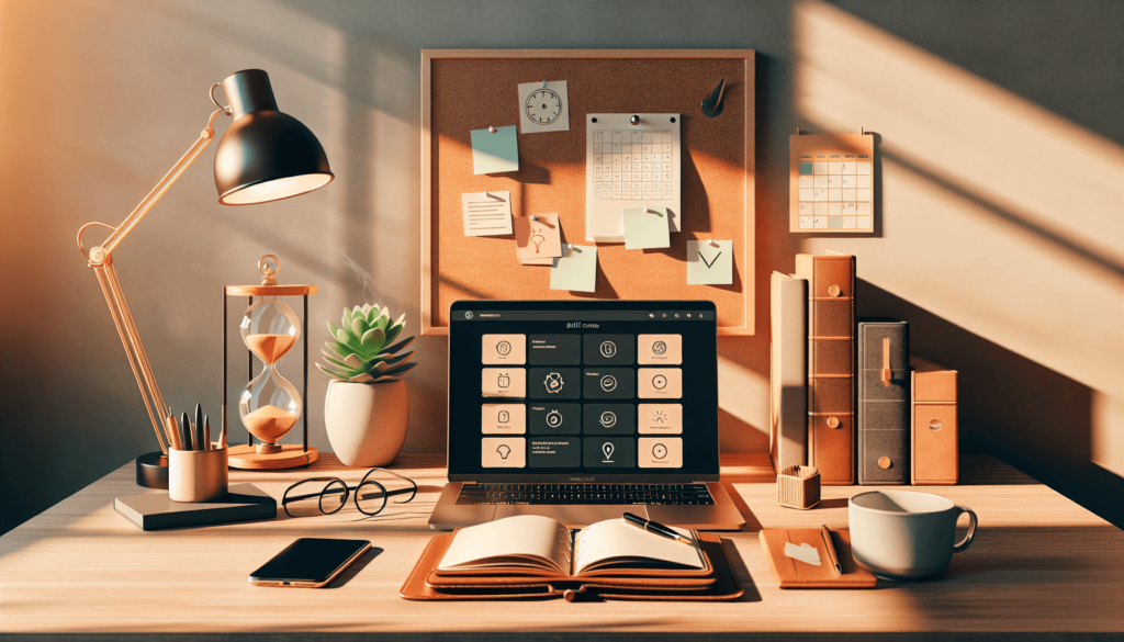 Theme: Career management at age 50 and above — opportunities and challenges. A photorealistic still-life of a thoughtfully organized home office desk at golden hour: an open modern laptop showing a generic dashboard and online course interface (no brand names, no readable text), reading glasses on a leather notebook with a pen, a tidy stack of skill-development books with blank spines, a small hourglass, a ceramic mug with gentle steam, a smartphone with a calendar grid (no readable text), a corkboard in the background with color-coded sticky notes arranged in two columns and simple icons (lightbulb vs caution triangle) but no words, a minimalist balance scale holding wooden blocks on each side to suggest weighing options, a slim desk lamp, a potted plant, and a piggy bank. Natural window light, soft shadows, clean modern aesthetic, subtle depth of field. Shot in iPhone 16 Pro style: 48MP, 26mm, f/1.8, HDR, realistic color, crisp detail, slight natural grain. Framing: eye-level, rule of thirds. No people, no body parts, no logos, safe content.