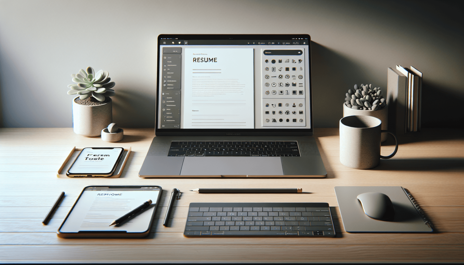 Ultra-realistic photo captured on iPhone Pro 16 of a minimalist home office desk: an open laptop displays a clean resume template in a generic web editor (UI with gray placeholder bars and blocks, no readable text, no logos), next to a smartphone showing a grid of generic free tool icons (abstract shapes, no branding). On the light oak desk are a wireless keyboard, mouse, closed notebook, graphite pencil, ceramic coffee mug with gentle steam, and a small potted succulent. Natural window light, soft shadows, neutral color palette, crisp details, shallow depth of field, 26mm lens, f/1.8, HDR, true-to-life colors, slight background bokeh. No people, no hands, no body parts, no brand marks, no watermarks, no legible text.