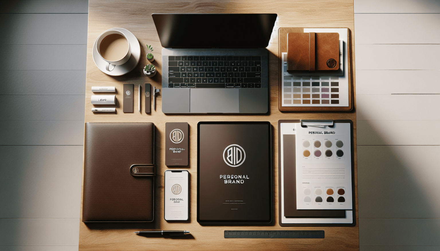 Theme: The Importance of Personal Branding in the Modern Job Market. Create a hyper-realistic overhead flat-lay of a minimalist workspace with no people: on a walnut desk, neatly arranged items include a closed, brandless laptop; a tablet displaying a clean personal brand style guide (logo monogram, color palette swatches, typography samples) with no faces; a stack of premium, embossed business cards with a simple monogram; a printed one-page resume without a headshot; a leather portfolio folder; sketch paper with hand-drawn logo iterations; color swatch cards and a steel ruler; a fountain pen and minimalist coffee mug; a small desk plant. Natural window light from the left creates soft shadows and subtle highlights; shallow depth of field with gentle background falloff; realistic textures (paper fibers, leather grain, embossed foil). Photorealistic product-lifestyle shot, neutral, aspirational, and clean. Shot on an iPhone 16 Pro, 24mm main lens, 48MP ProRAW, f/1.8, ISO 80, 1/120s, Smart HDR, accurate white balance. No people, no body parts, no faces, no visible logos.