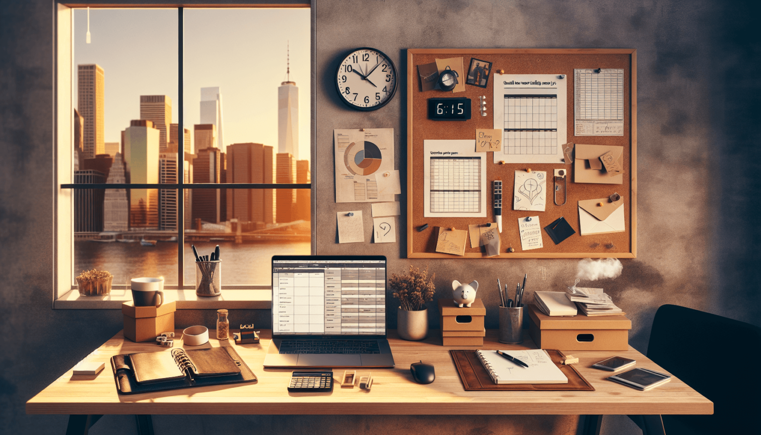 A hyper-realistic iPhone-style photo representing “Should you work part-time alongside a main job?”: a modern home-office desk at golden hour with two distinct work zones side by side on a walnut surface—left side minimal and corporate with a closed, unbranded laptop, clean planner, calculator, and neatly stacked reports; right side creative side-gig setup with a second unbranded laptop partially open (no readable text), a sketchbook, small shipping boxes, a label printer, and a ceramic piggy bank. A large analog wall clock reads 6:15 PM, a corkboard features a color‑coded weekly schedule with no legible text, sticky notes without text, and neatly coiled cables. Soft window light and a city skyline softly blurred outside, gentle reflections on the desk, natural colors, realistic textures, subtle dust and fingerprints for authenticity. Shot on iPhone 16 Pro, 48MP, 24mm main lens, f/1.8, Smart HDR, shallow depth of field, slight filmic grain, no people or body parts, no brands or logos, ultra‑real, documentary style.
