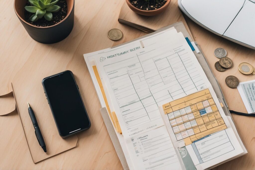 Theme: Working Abroad — What to Check Before Accepting an Offer. A hyper-realistic iPhone 16 Pro photo of a neatly arranged decision-making flat lay on a warm wooden desk by a window in soft morning light. Objects only, no people. Items include: a closed, unbranded laptop; a generic passport with no insignia; a visa folder and employment offer folder with minimal, unreadable placeholder text; a universal power adapter and travel plug set; a small stack of anonymous currency notes and coins with abstract designs (no faces or recognizable symbols); a calculator; an international SIM card kit; apartment keys on a simple keyring; a generic city transit card; a printed cost-of-living chart with blurred lines; a folded city map with subtle markings; a luggage tag; a minimalist calendar page with a month grid (no readable text); a pen; and a small checklist card with blank checkboxes. Balanced composition, natural shadows, realistic textures and reflections. Shallow depth of field: sharp focus on the passport, visa folder, and keys; softly blurred background window with an indistinct international skyline. Shot on iPhone 16 Pro, 48MP, 24mm equivalent, f/1.8, Smart HDR, natural color, high dynamic range, fine grain, native 4:3 aspect ratio. No logos, no readable text, no people, cinematic yet understated, photojournalistic realism.