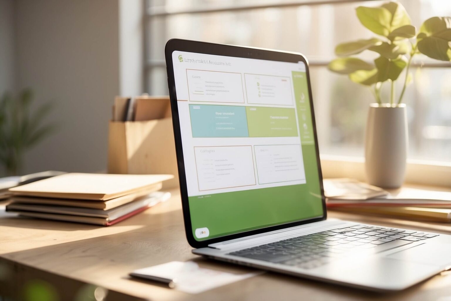 Theme: Advanced methods for long‑term employee retention. A sunlit modern office desk scene with no people: a clean wooden desk featuring an open planner with a color‑coded monthly timeline (no readable text), a glass hourglass mid‑flow, a thriving potted plant, a small glass award/trophy catching light, a stack of closed training manuals with spines turned away, a neutral-toned wellness kit box, and a closed laptop beside a minimalist pen and notepad. In the background, a corkboard displays icon-based flowcharts and charts (no readable text), and neatly arranged sticky notes. Soft morning window light, warm and inviting palette with subtle blues and greens, natural shadows, dust-free surfaces. Photorealistic, ultra-detailed textures, realistic reflections, no brand logos, no people, no body parts. Shot as if on an iPhone 16 Pro main camera, 24mm equivalent, f/1.8, 48MP, HDR, shallow depth of field, eye-level three‑quarter angle, crisp focus on the desk foreground with gentle background bokeh.