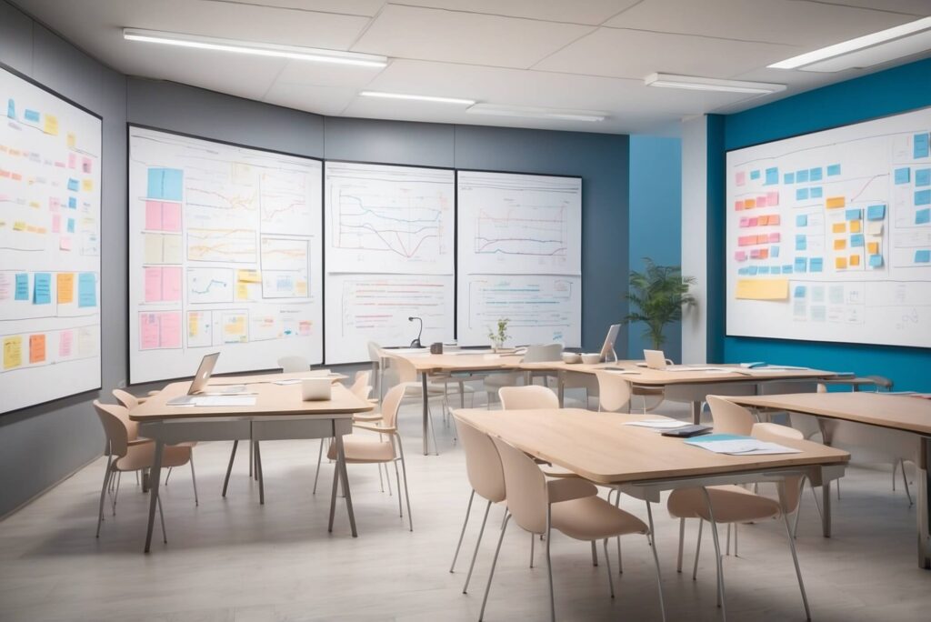 A photorealistic, empty corporate training room prepared for employee training in the era of artificial intelligence: long table with neatly arranged unbranded laptops and tablets open to generic AI dashboards and code (abstract, non-legible), notebooks, pens, colorful sticky notes; a large wall display showing an abstract neural network visualization; a glass whiteboard covered with hand-drawn flowchart boxes, arrows, and symbols without readable words; soft afternoon sunlight through blinds casting natural shadows and subtle dust particles; clean, minimalist tech aesthetic. Shot on iPhone 16 Pro, 48MP, natural HDR, 26mm lens, f/1.8, ISO 100, 1/120s, lifelike color grading, subtle depth of field, ultra-sharp details. No people, no body parts, no logos or trademarks.